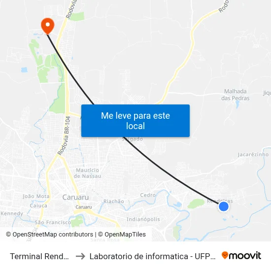 Terminal Rendeiras to Laboratorio de informatica - UFPE /CAA map