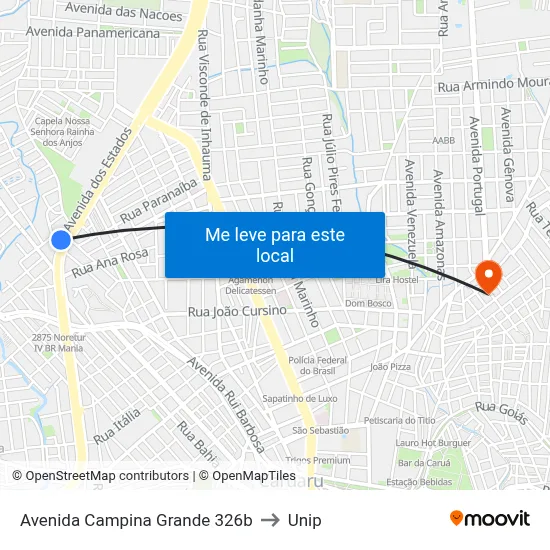 Avenida Campina Grande 326b to Unip map