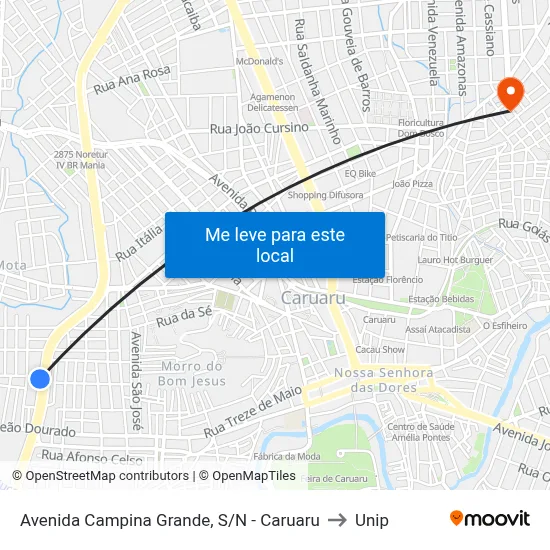 Avenida Campina Grande, S/N - Caruaru to Unip map