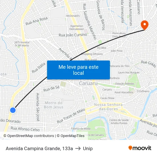Avenida Campina Grande, 133a to Unip map