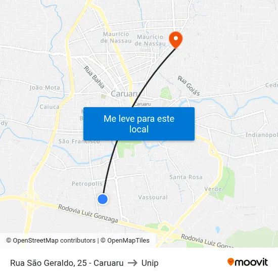 Rua São Geraldo, 25 - Caruaru to Unip map