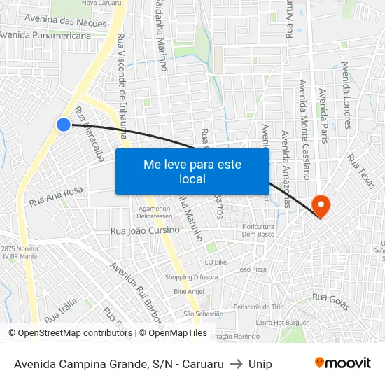 Avenida Campina Grande, S/N - Caruaru to Unip map