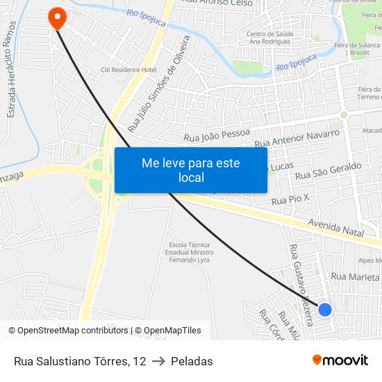 Rua Salustiano Tôrres, 12 to Peladas map