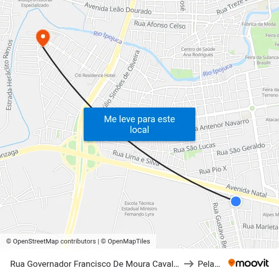 Rua Governador Francisco De Moura Cavalcante 87 to Peladas map