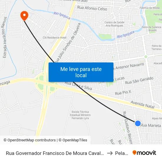 Rua Governador Francisco De Moura Cavalcante 163 to Peladas map