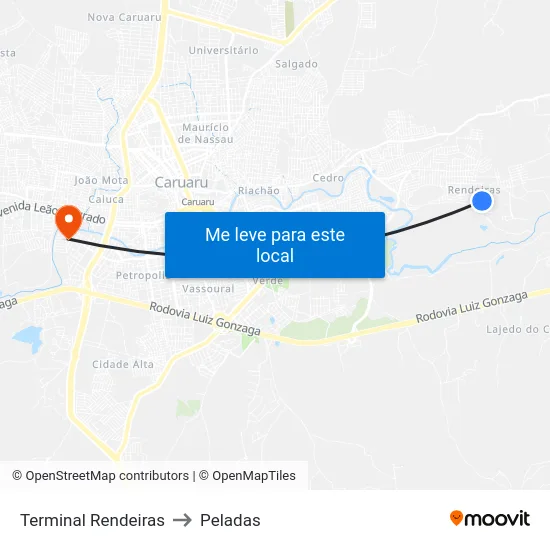 Terminal Rendeiras to Peladas map