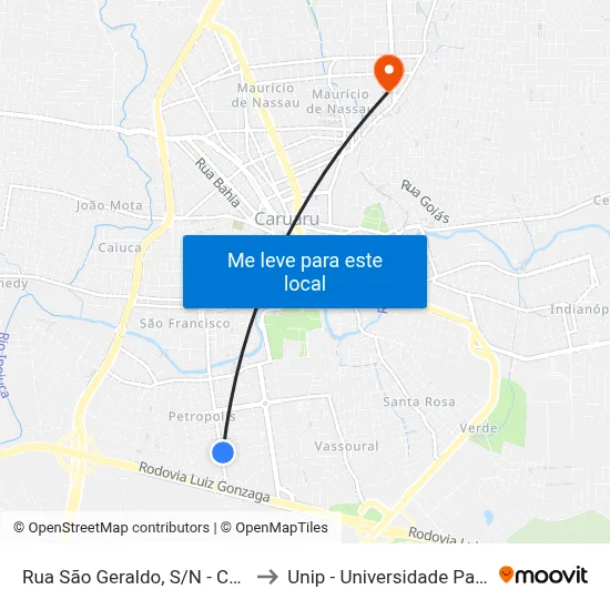 Rua São Geraldo, S/N - Caruaru to Unip - Universidade Paulista map