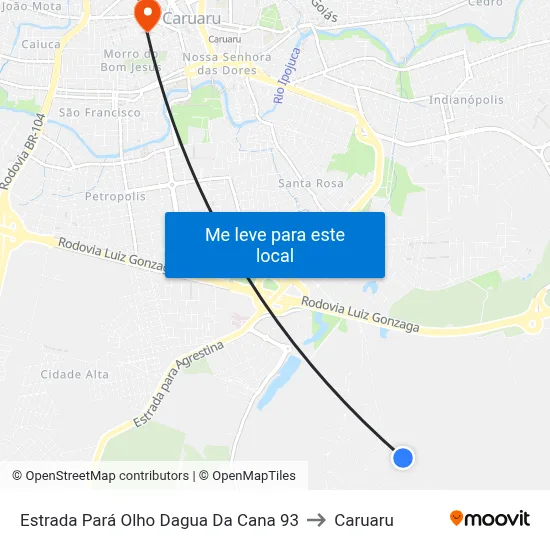 Estrada Pará Olho Dagua Da Cana 93 to Caruaru map