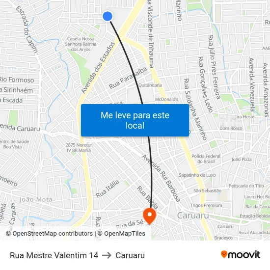 Rua Mestre Valentim 14 to Caruaru map
