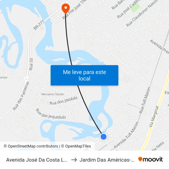 Avenida José Da Costa Leite, 100 to Jardim Das Américas-Curitiba map