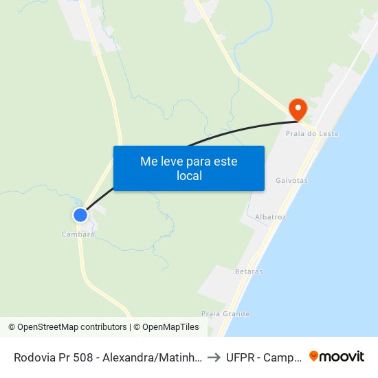 Rodovia Pr 508 - Alexandra/Matinhos (Parque Águas Claras) to UFPR - Campus Marissol map