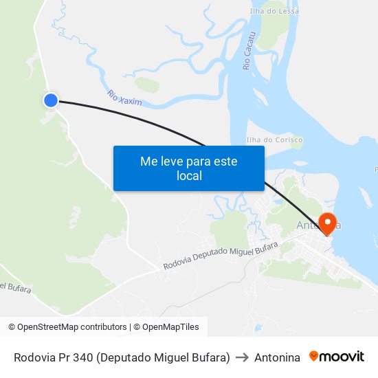 Rodovia Pr 340 (Deputado Miguel Bufara) to Antonina map