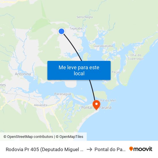 Rodovia Pr 405 (Deputado Miguel Bufara) to Pontal do Paraná map