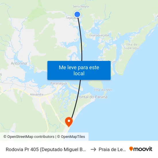 Rodovia Pr 405 (Deputado Miguel Bufara) to Praia de Leste map
