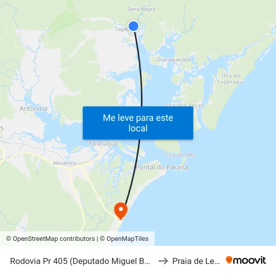 Rodovia Pr 405 (Deputado Miguel Bufara) to Praia de Leste map