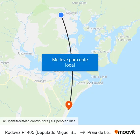 Rodovia Pr 405 (Deputado Miguel Bufara) to Praia de Leste map