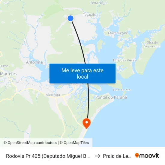 Rodovia Pr 405 (Deputado Miguel Bufara) to Praia de Leste map