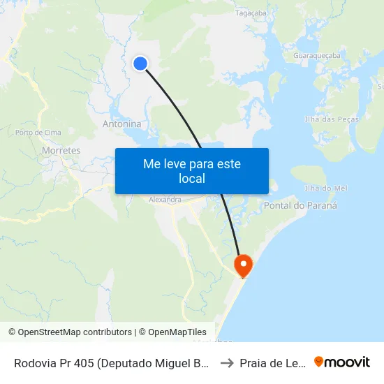 Rodovia Pr 405 (Deputado Miguel Bufara) to Praia de Leste map