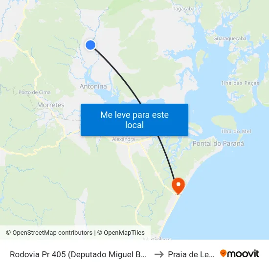 Rodovia Pr 405 (Deputado Miguel Bufara) to Praia de Leste map
