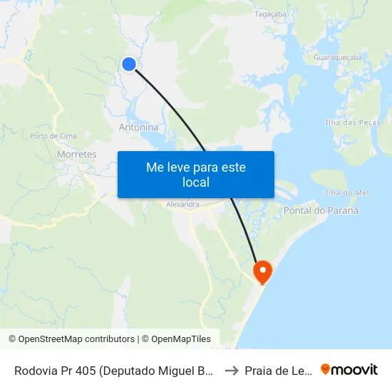 Rodovia Pr 405 (Deputado Miguel Bufara) to Praia de Leste map