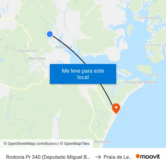Rodovia Pr 340 (Deputado Miguel Bufara) to Praia de Leste map