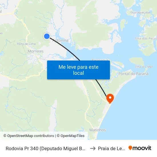 Rodovia Pr 340 (Deputado Miguel Bufara) to Praia de Leste map