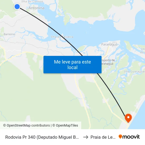 Rodovia Pr 340 (Deputado Miguel Bufara) to Praia de Leste map