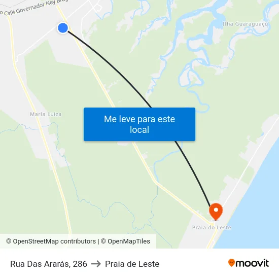 Rua Das Ararás, 286 to Praia de Leste map
