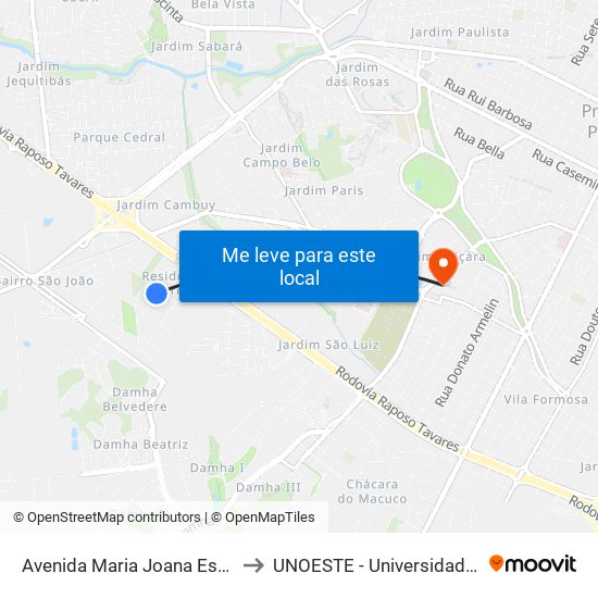 Avenida Maria Joana Escudeiro Ramos, 295 to UNOESTE - Universidade do Oeste Paulista map