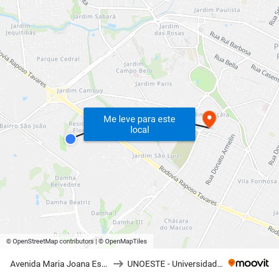 Avenida Maria Joana Escudeiro Ramos, 342 to UNOESTE - Universidade do Oeste Paulista map