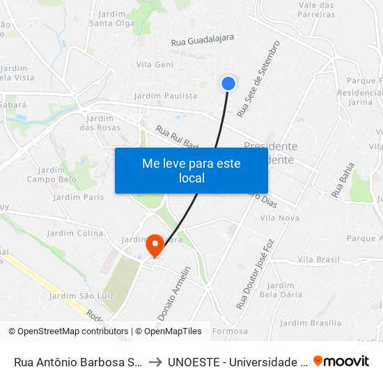 Rua Antônio Barbosa Sandoval Filho, 37 to UNOESTE - Universidade do Oeste Paulista map