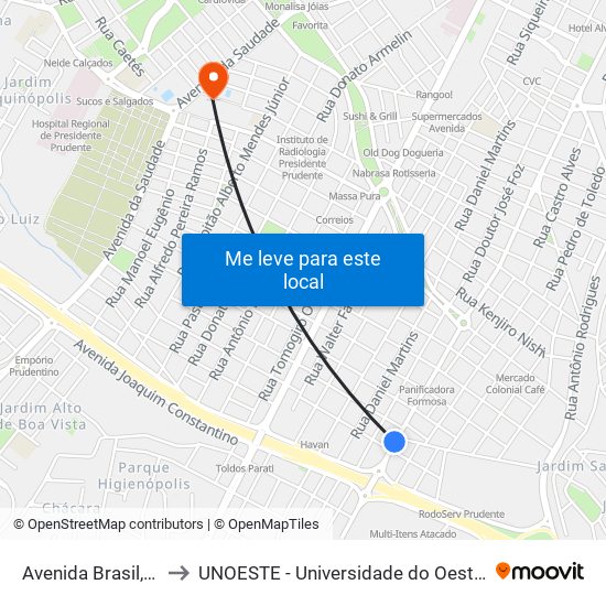 Avenida Brasil, 3127 to UNOESTE - Universidade do Oeste Paulista map