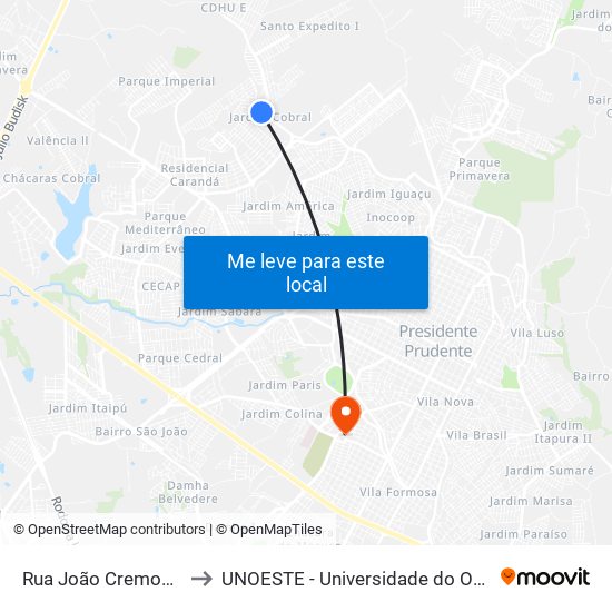 Rua João Cremonezi, 368 to UNOESTE - Universidade do Oeste Paulista map