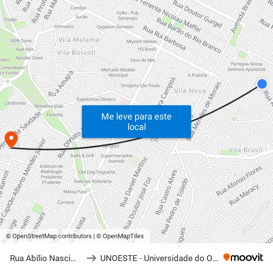 Rua Abílio Nascimento, 43 to UNOESTE - Universidade do Oeste Paulista map