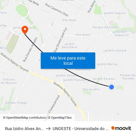 Rua Izidro Alves Antunes, 630 to UNOESTE - Universidade do Oeste Paulista map