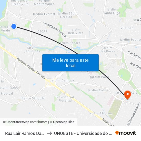 Rua Lair Ramos Da Motta, 61 to UNOESTE - Universidade do Oeste Paulista map