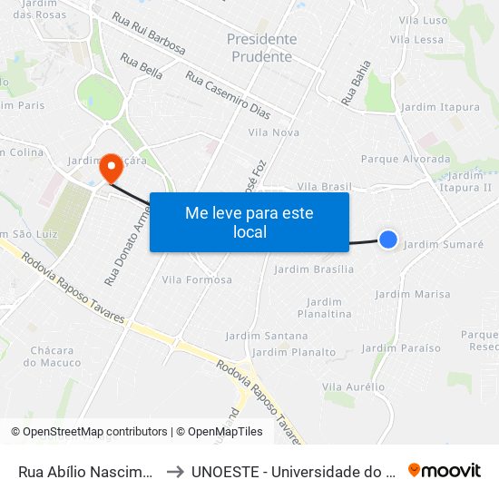 Rua Abílio Nascimento, 1213 to UNOESTE - Universidade do Oeste Paulista map