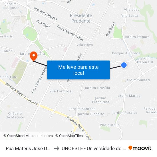 Rua Mateus José Da Silva, 222 to UNOESTE - Universidade do Oeste Paulista map