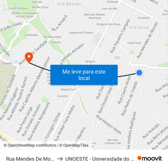 Rua Mendes De Moraes, 1043 to UNOESTE - Universidade do Oeste Paulista map