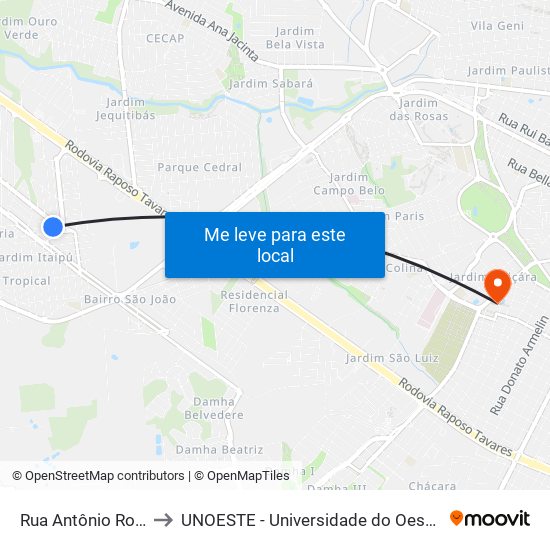 Rua Antônio Rota, 72 to UNOESTE - Universidade do Oeste Paulista map