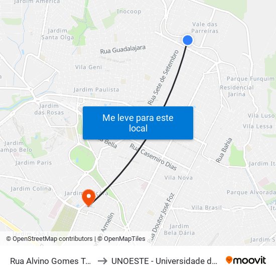 Rua Alvino Gomes Teixeira, 1504 to UNOESTE - Universidade do Oeste Paulista map