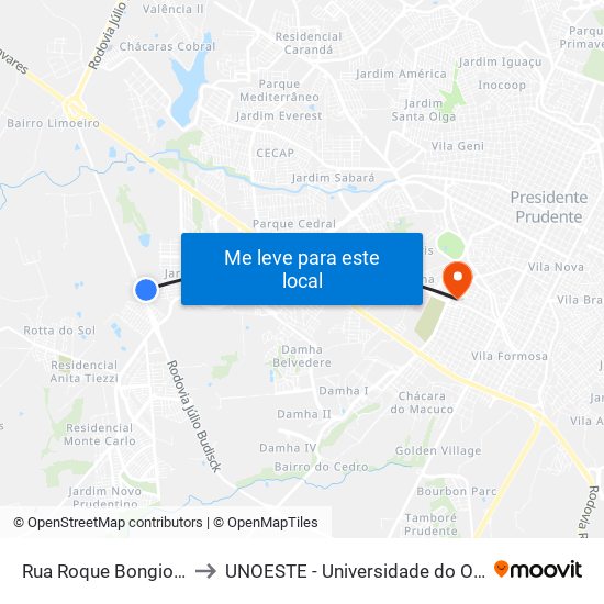 Rua Roque Bongiovani, 746 to UNOESTE - Universidade do Oeste Paulista map