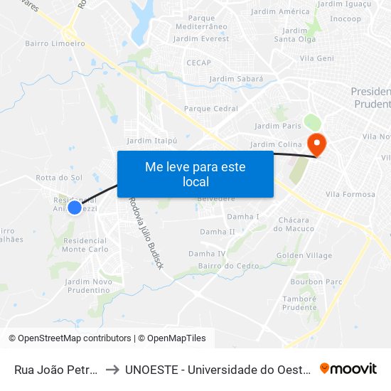Rua João Petri, 290 to UNOESTE - Universidade do Oeste Paulista map