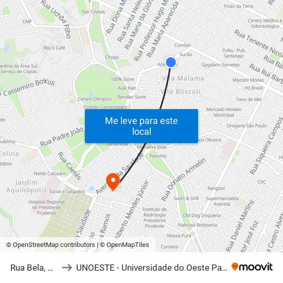 Rua Bela, 560 to UNOESTE - Universidade do Oeste Paulista map