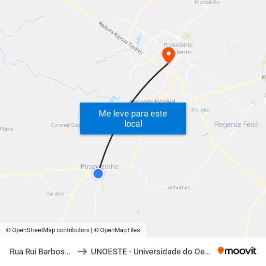 Rua Rui Barbosa, 1358 to UNOESTE - Universidade do Oeste Paulista map