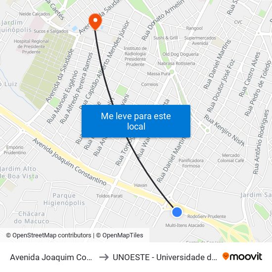 Avenida Joaquim Constantino, 435 to UNOESTE - Universidade do Oeste Paulista map