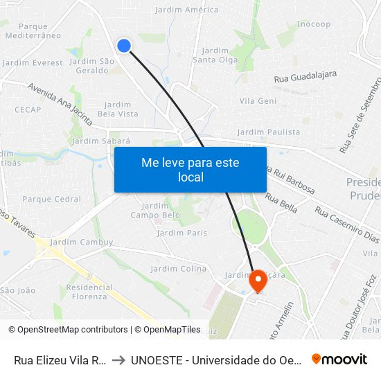 Rua Elizeu Vila Real, 89 to UNOESTE - Universidade do Oeste Paulista map