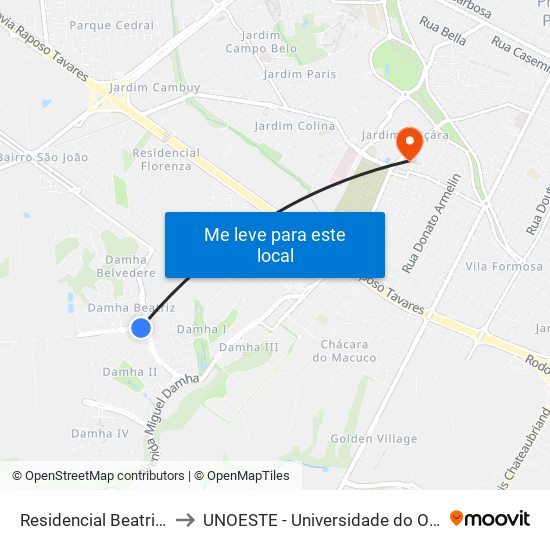Residencial Beatriz Damha to UNOESTE - Universidade do Oeste Paulista map