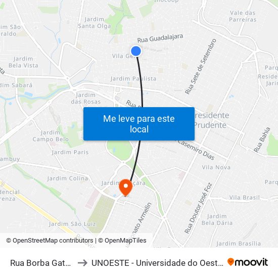 Rua Borba Gato, 735 to UNOESTE - Universidade do Oeste Paulista map