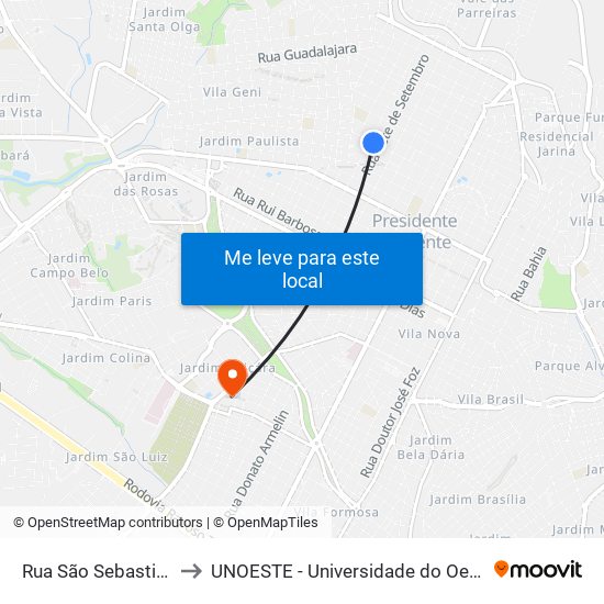 Rua São Sebastião, 668 to UNOESTE - Universidade do Oeste Paulista map